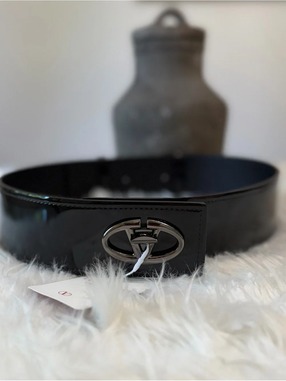 Valentino Garavani Black Patent Leather Wide Waist Belt with Silver Logo Buckle